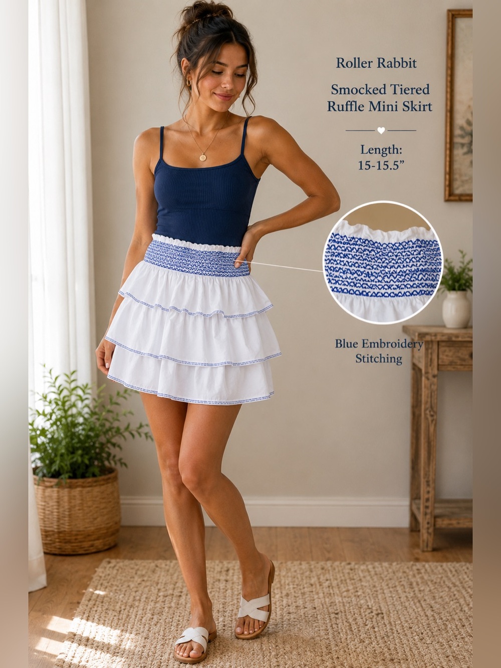 Roller Rabbit Smocked Tiered Ruffle Mini Skirt White Blue Stitching Small